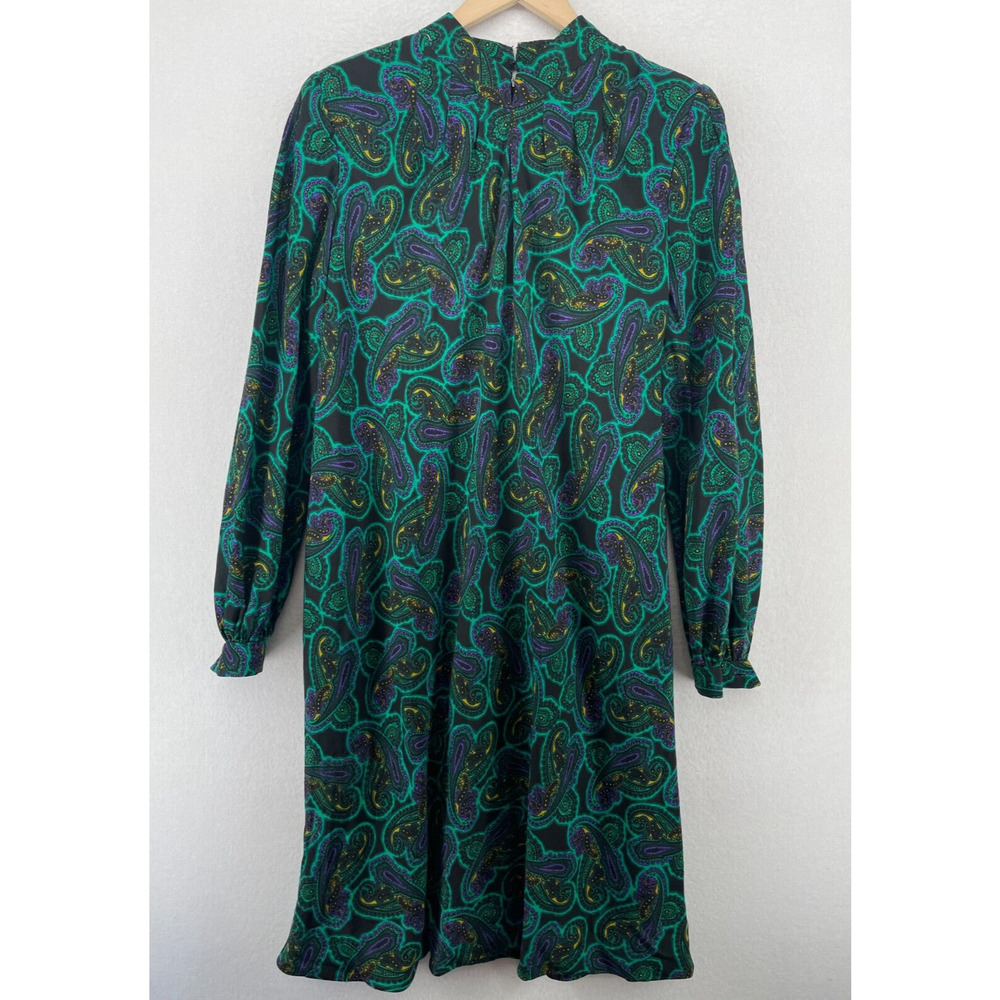 Vintage PAULINE TRIGERE Dress M Shift Paisley Mock Neck Balloon Sleeve Green USA